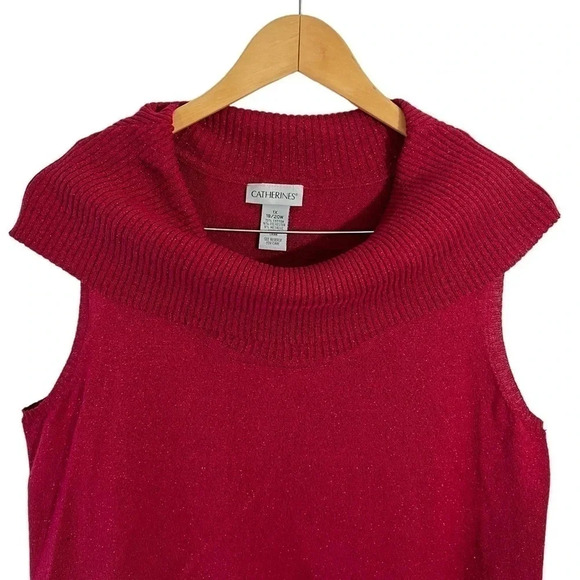 Catherines Red Metallic Sparkle Knit Tank 1X Draped Rolled Turtleneck Sweater - Picture 2 of 5